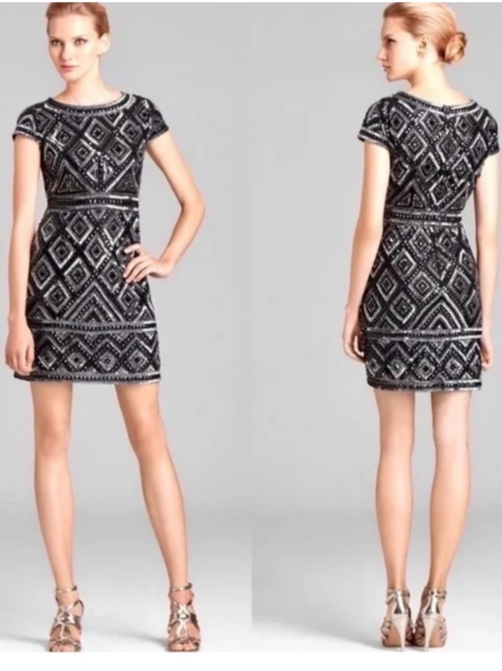 Adrianna Papell Black Silver Blue Geometric Beaded Sequin Dress